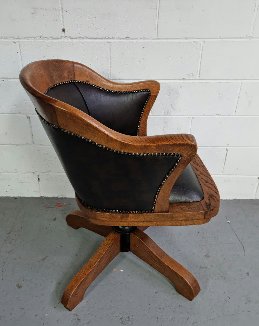 Antique French Oak Newly Upholstered Swivel Action Office Desk Chair
