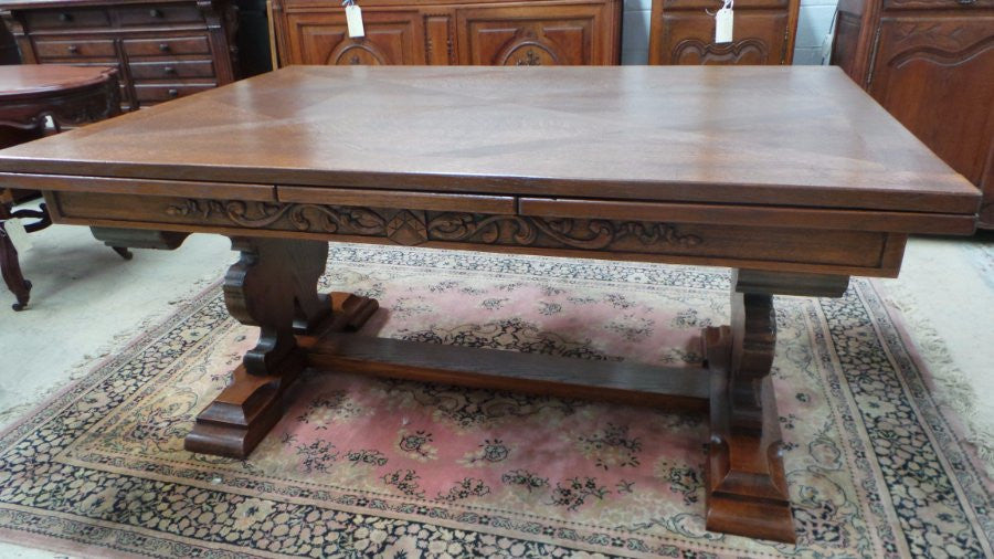 French Oak Extension Table With Carved Ornate Base