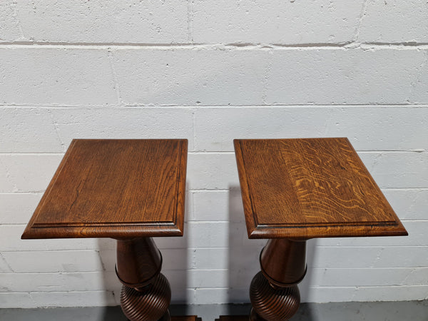 Pair of unique French Oak pedestals, beautifully constructed and turned with decorative carving. Circa 1880. In good original detailed condition.