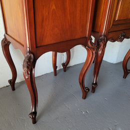 Pair of Louis XV style Walnut bedside cabinets marble top. Circa 1900 and in good original detailed condition.
