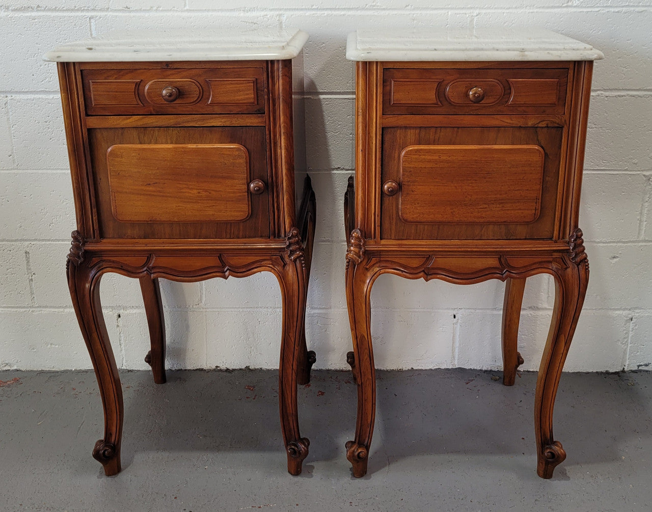 Pair of French Walnut White Marble Top Bedside Cabinets | Antique & Vintage | Moonee Ponds Antiques | Australia Wide Delivery