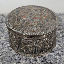 Unusual Antique silver over pottery Italian trinket box nicely decorated with Cherubs. It is in good original condition, please view photos as they help form part of the description.
