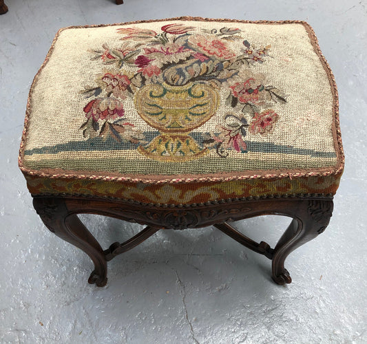 Lovely French oak carved tapestry piano stool with nice detail in good condition.