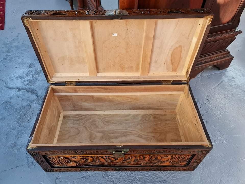 Charming Vintage Medium Size Camphor Wood Chest with Brass Closure. In original detailed condition.