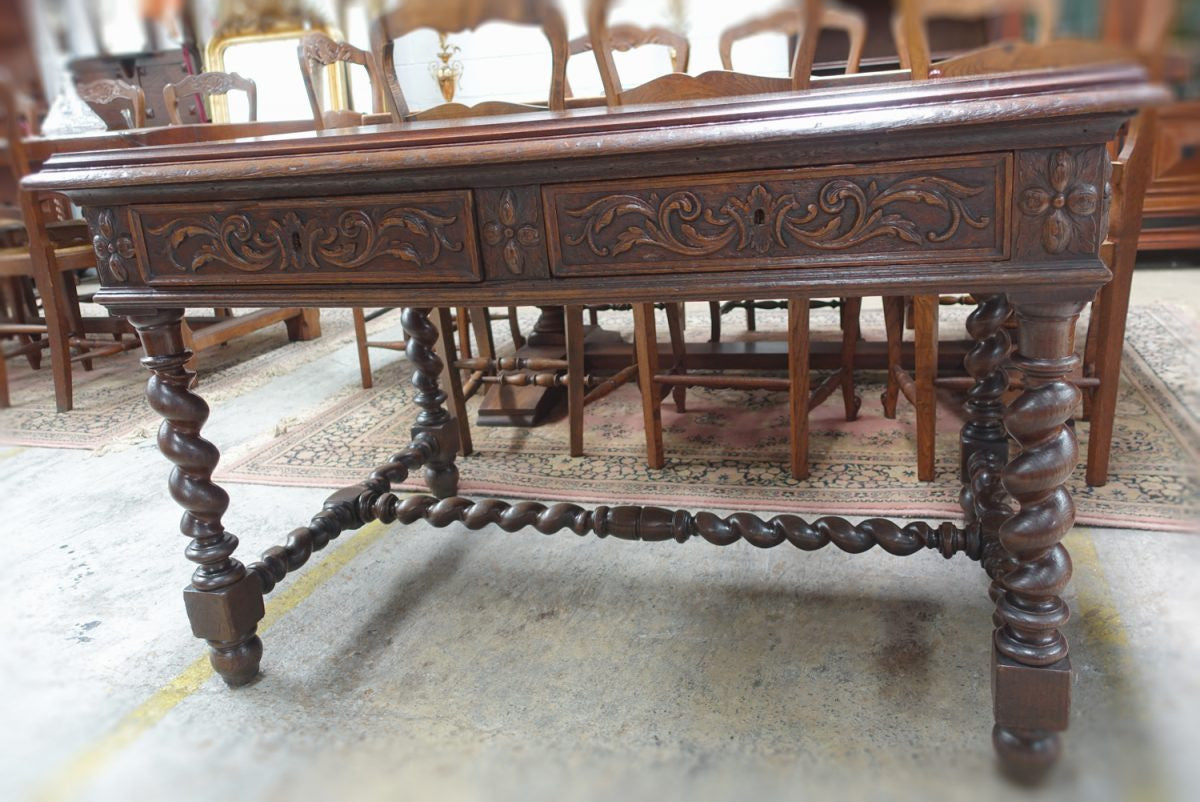 1860's French Oak Gothic Style Two Drawer Desk