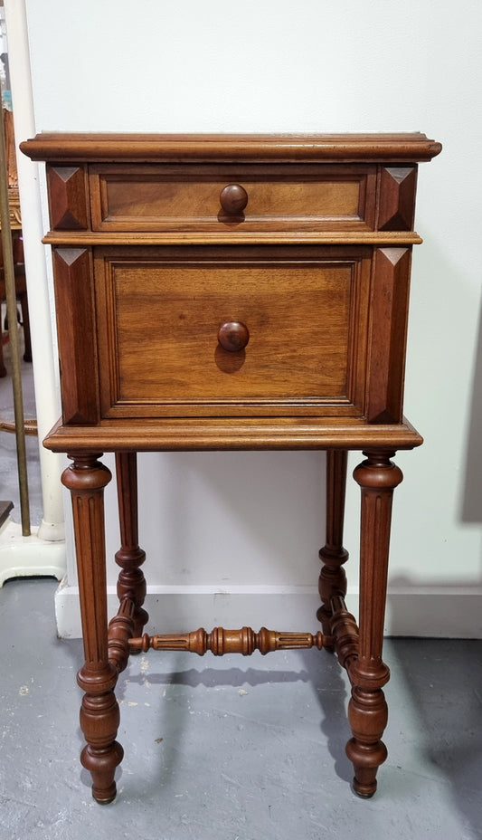 French Walnut Henry II Style Bedside Cabinet With White Marble Top