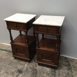 French Oak White Marble Top Bedside Cabinets