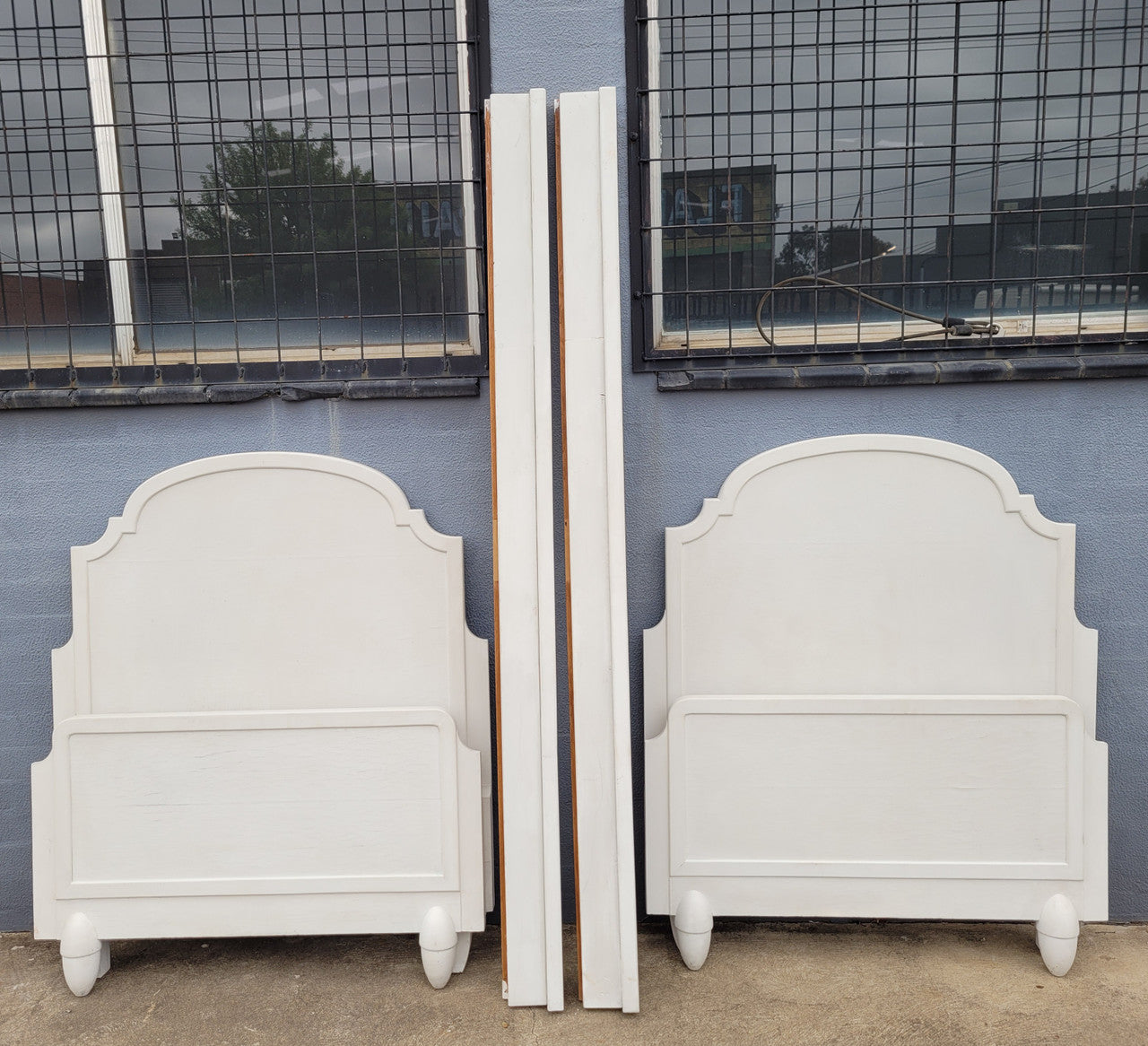 Two attractive vintage French chalk painted king single Art Deco beds. They have been sourced from France and are in good original condition.