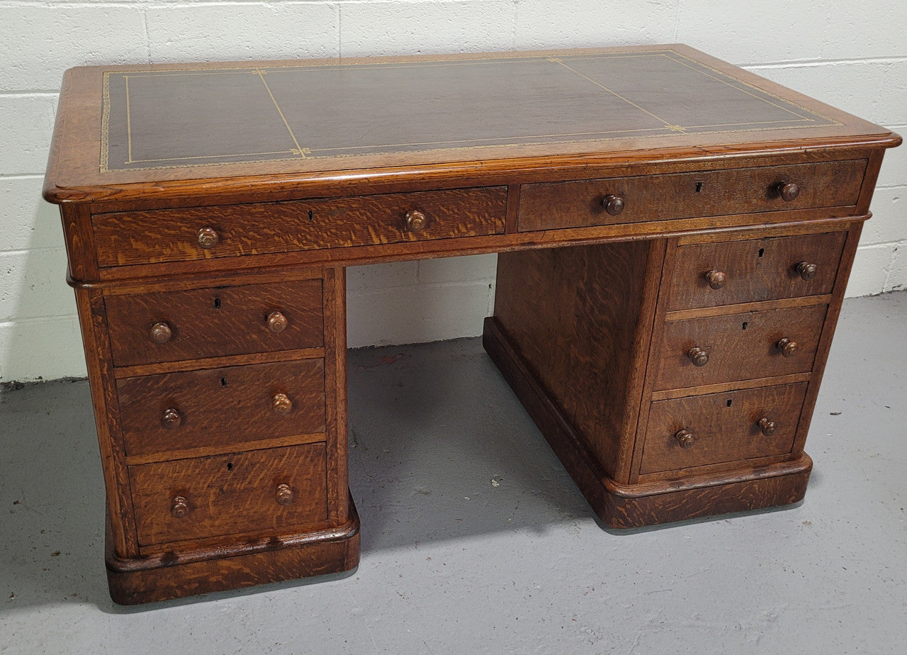 English Oak Double Pedestal Desk Tooled Leather Top | Antique & Vintage | Moonee Ponds Antiques | Australia Wide Delivery