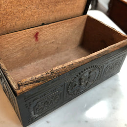 Vintage Cedar & metal box with decorative scene of cupid and a lady. Is in good original condition.