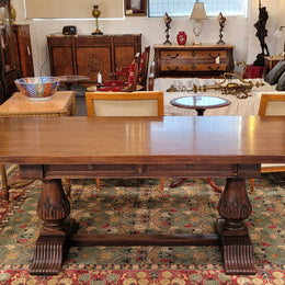 French Walnut Monastery table with two internal drawers. This table can be used as a dining table or as a large desk. It has been sourced from France and is in good original detailed condition.
