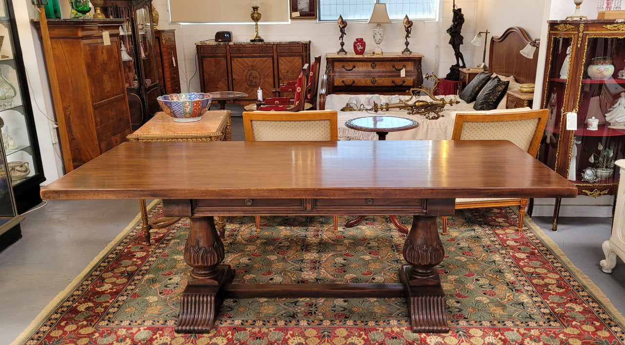 French Walnut Monastery table with two internal drawers. This table can be used as a dining table or as a large desk. It has been sourced from France and is in good original detailed condition.