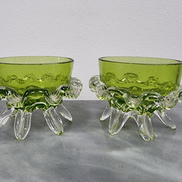 Lovely pair of Victorian green glass open salt bowls with clear frilled edging. In good original condition.