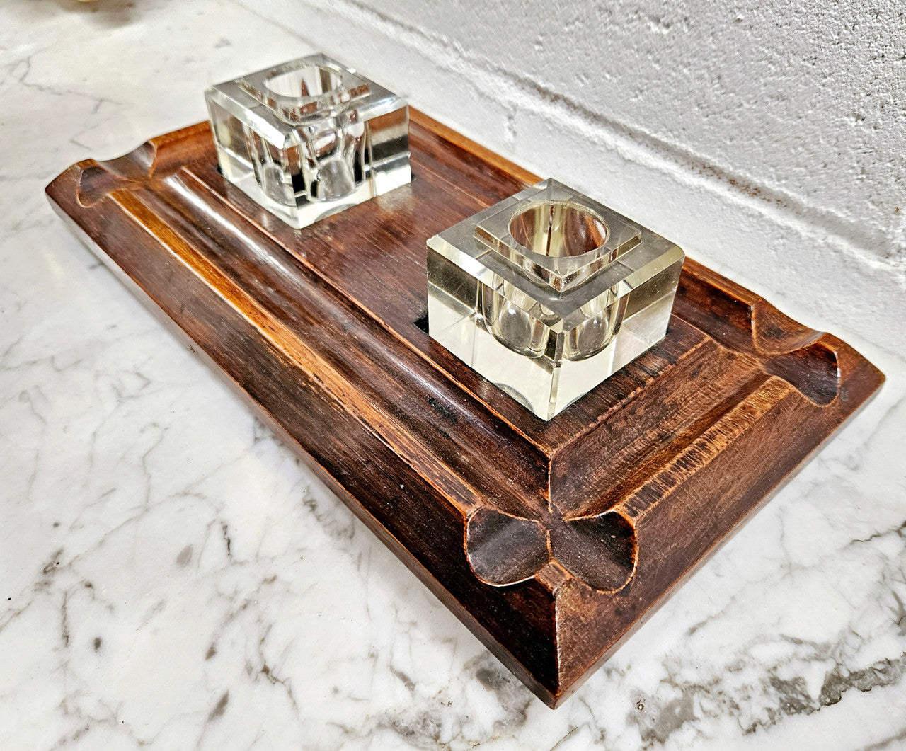Edwardian Desk & Double Ink & Pen Holder on Wooden Stand.  Original Condition. It has been sourced from France and is in good original detailed condition.