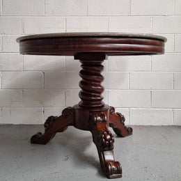 French 19th Century Napoleon III Walnut and marble top centre table. It has been sourced from France and is in good original detailed condition.