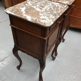 Pair Of  French Oak & Marble Top Bedsides