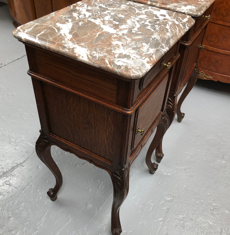 Pair Of  French Oak & Marble Top Bedsides