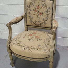 Lovely French  Louis XVI style painted and Tapestry upholstered fauteuil. In good original condition, and very comfortable.