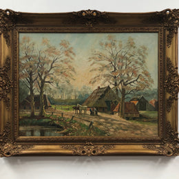 Sourced in france is this beautiful signed Dutch oil on canvas of a farm scene framed in a ornate frame. In good original condition.