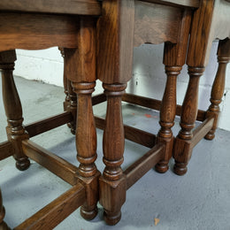 Vintage nest of three French Oak tables. In very good original detailed condition.