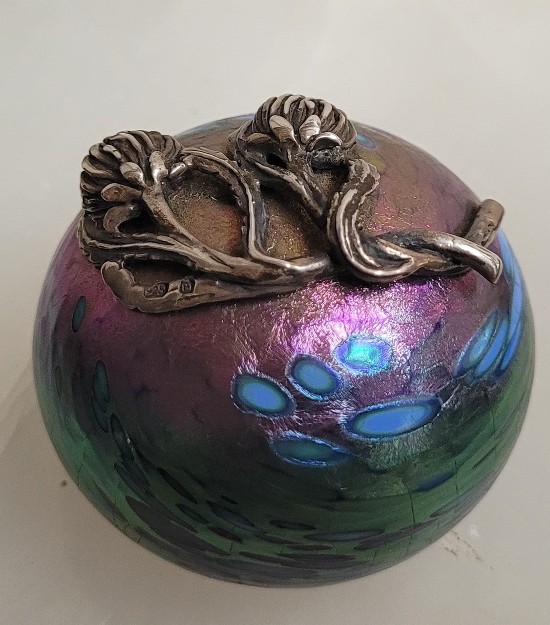 Vintage Iridescent Colin Heaney Paperweight with Sterling Silver Waratah flower by Suzanne Brett