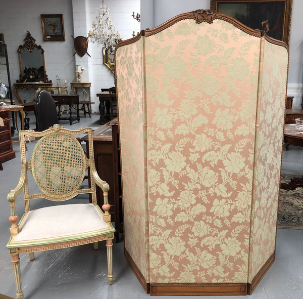 Rare Antique French Walnut Louis XVI "Silk Brocade Fabric" three fold screen. The fabric is in good overall condition with some minor wear and tear.