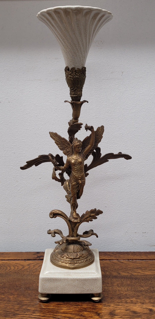 Vintage Decorative Ceramic & Metal Vase Mounted on Winged Figure