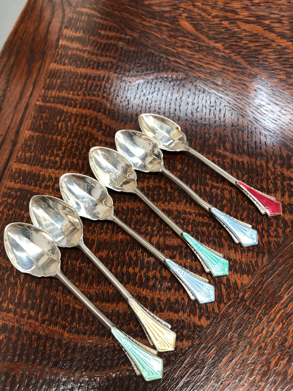 Set Of Six English Art Deco Silver And Enamel Spoons | Antique & Vintage | Moonee Ponds Antiques | Australia Wide Delivery