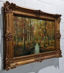 Large French Signed Oil Painting Autumn Trees on Stream Scene In Gilt Frame | Antique & Vintage | Moonee Ponds Antiques | Australia Wide Delivery