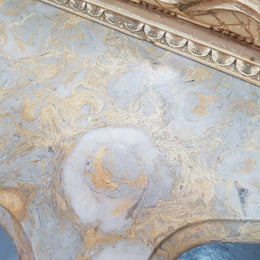 Beautifully carved Italian Rococo style painted console/hall table and mirror. An amazing coloured marble top showing sections of gold veins and is in good condition. Mantle mirror is retaining it's original mirror and showing ages spots.