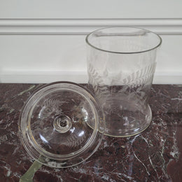 Victorian etched glass lidded jar. Please view photos as they help form part of the description.
