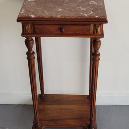 Louis XVI style Walnut lamp/side table with drawer and marble top. In good original detailed condition.