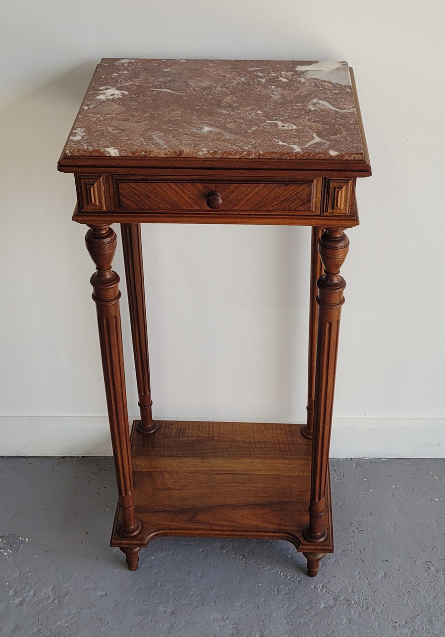 Louis XVI style Walnut lamp/side table with drawer and marble top. In good original detailed condition.