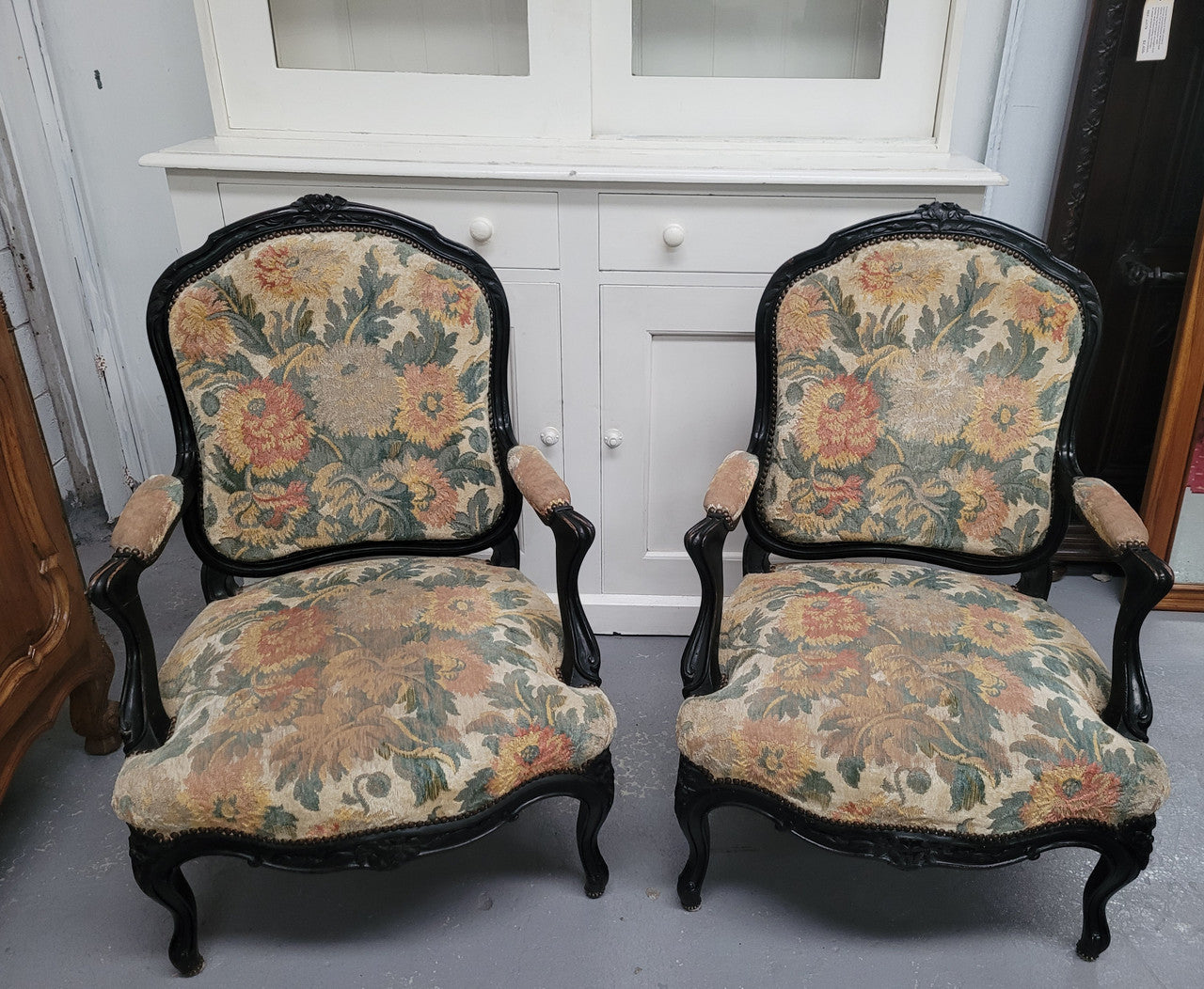 Antique 19th Century Louis XV Style Ebonized Upholstered Armchairs