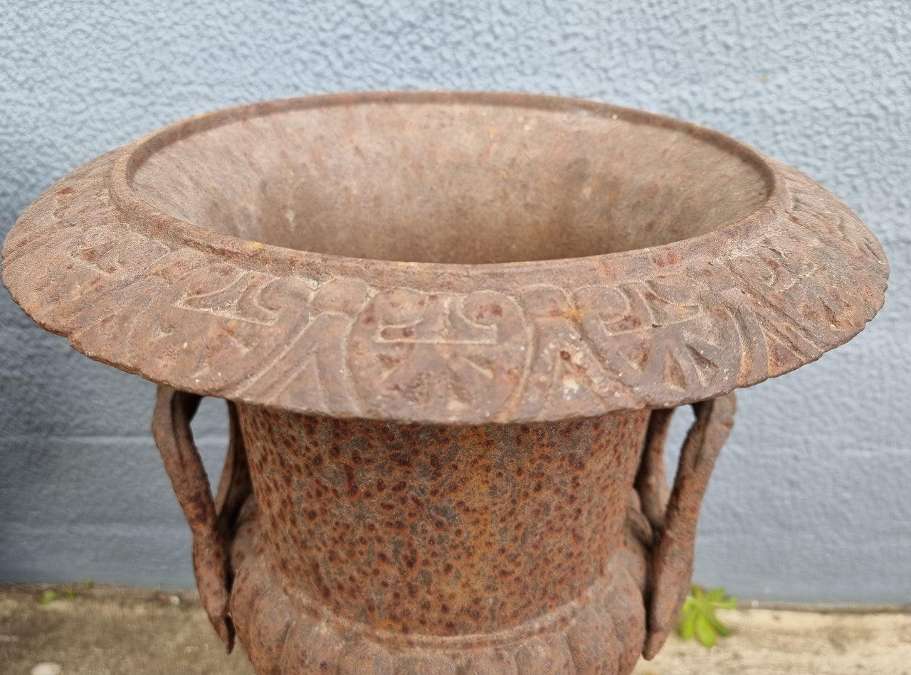 Beautiful Pair of French Rustic Cast Iron Urns With Handles