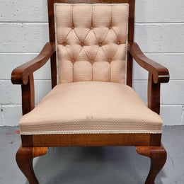 Australian Fiddleback Blackwood upholstered armchair with queen anne legs. In good original condition.