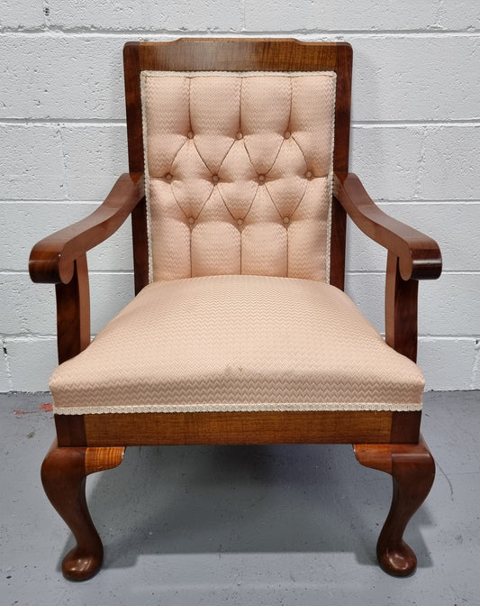 Australian Fiddleback Blackwood upholstered armchair with queen anne legs. In good original condition.