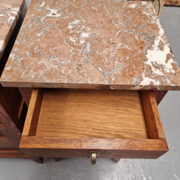 Pair of French Oak Arts & Crafts Marble Top Bedsides