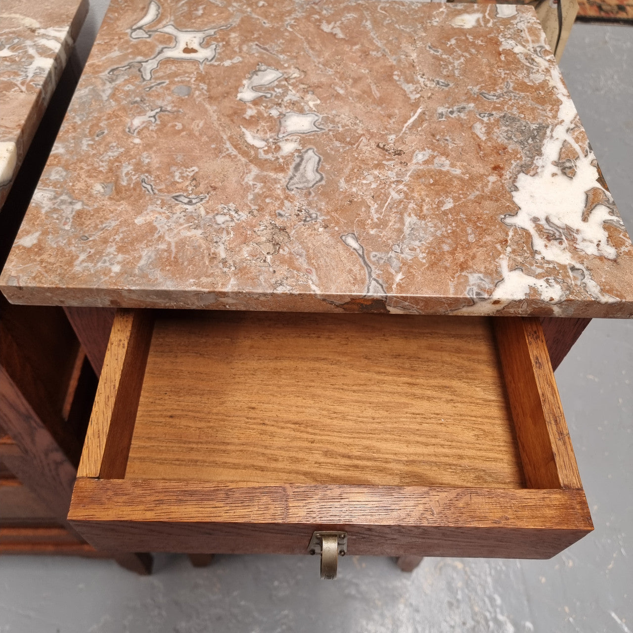 Pair of French Oak Arts & Crafts Marble Top Bedsides