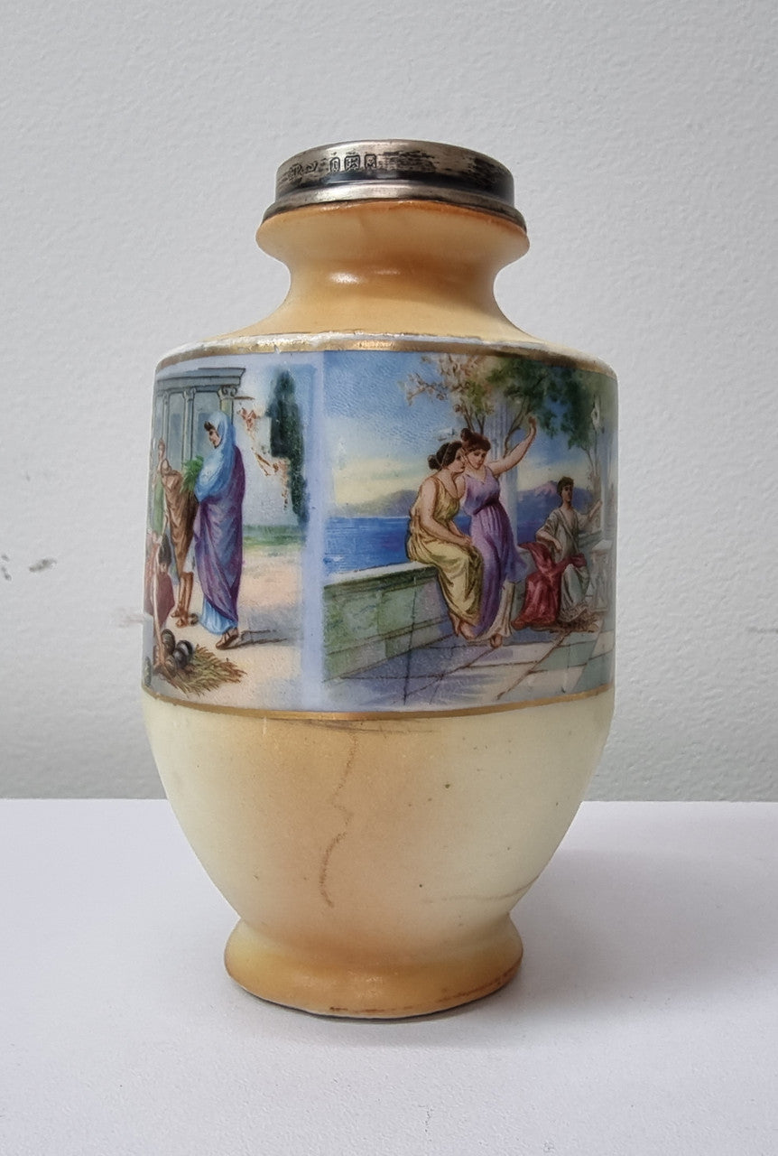 Antique silver top vase with interesting scenes. Please view photos as they form part of the description. In good original condition.