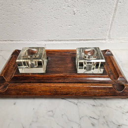 Edwardian Desk & Double Ink & Pen Holder on Wooden Stand.  Original Condition. It has been sourced from France and is in good original detailed condition.