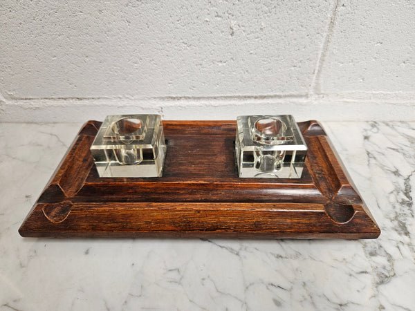 Edwardian Desk & Double Ink & Pen Holder on Wooden Stand.  Original Condition. It has been sourced from France and is in good original detailed condition.