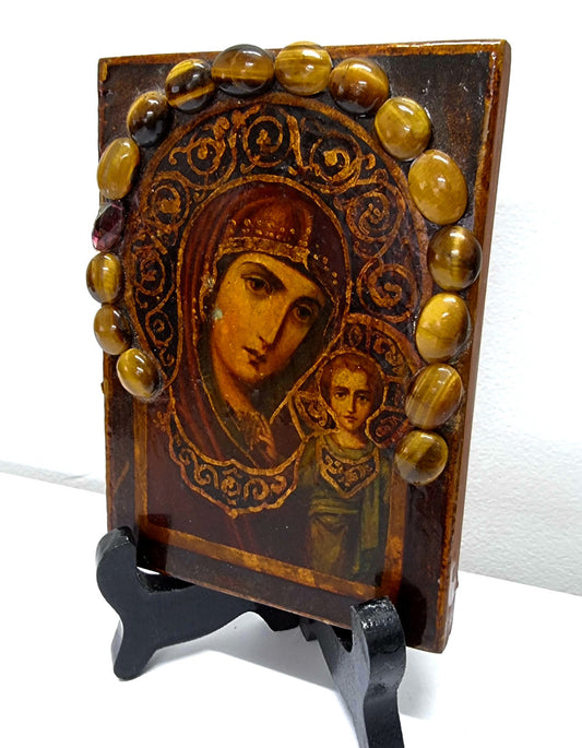 Unique hand painted Russian icon with tiger eye decoration. It is in good original condition. Please view photos as they help form part of the description.