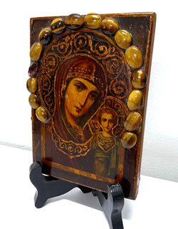 Hand Painted Russian Icon With Tiger Eye Decoration | Antique & Vintage | Moonee Ponds Antiques | Australia Wide Delivery