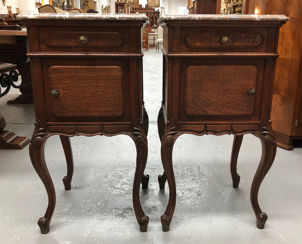 Pair Of  French Oak & Marble Top Bedsides