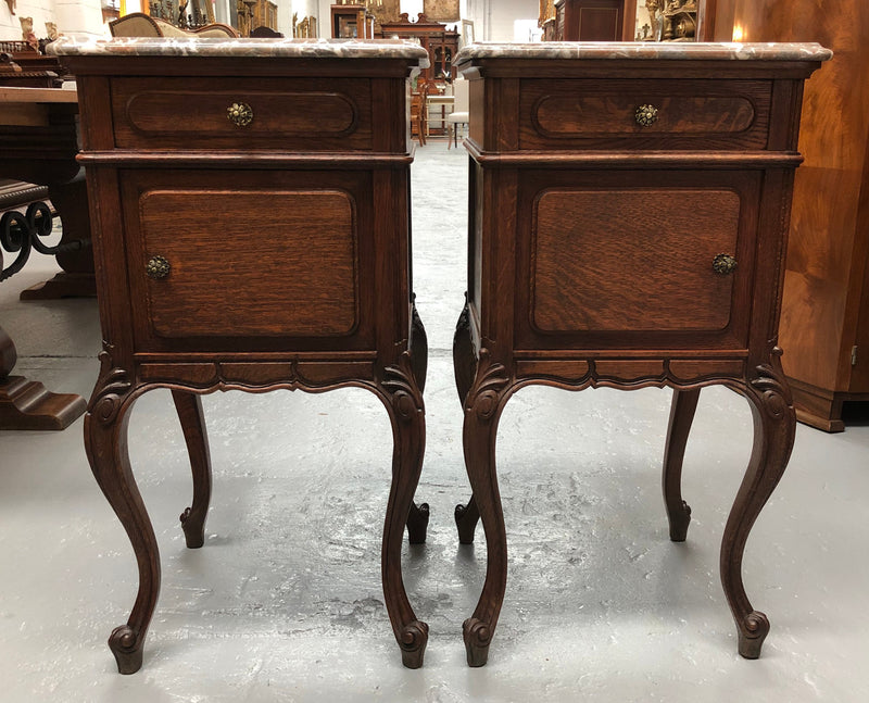 Pair Of  French Oak & Marble Top Bedsides