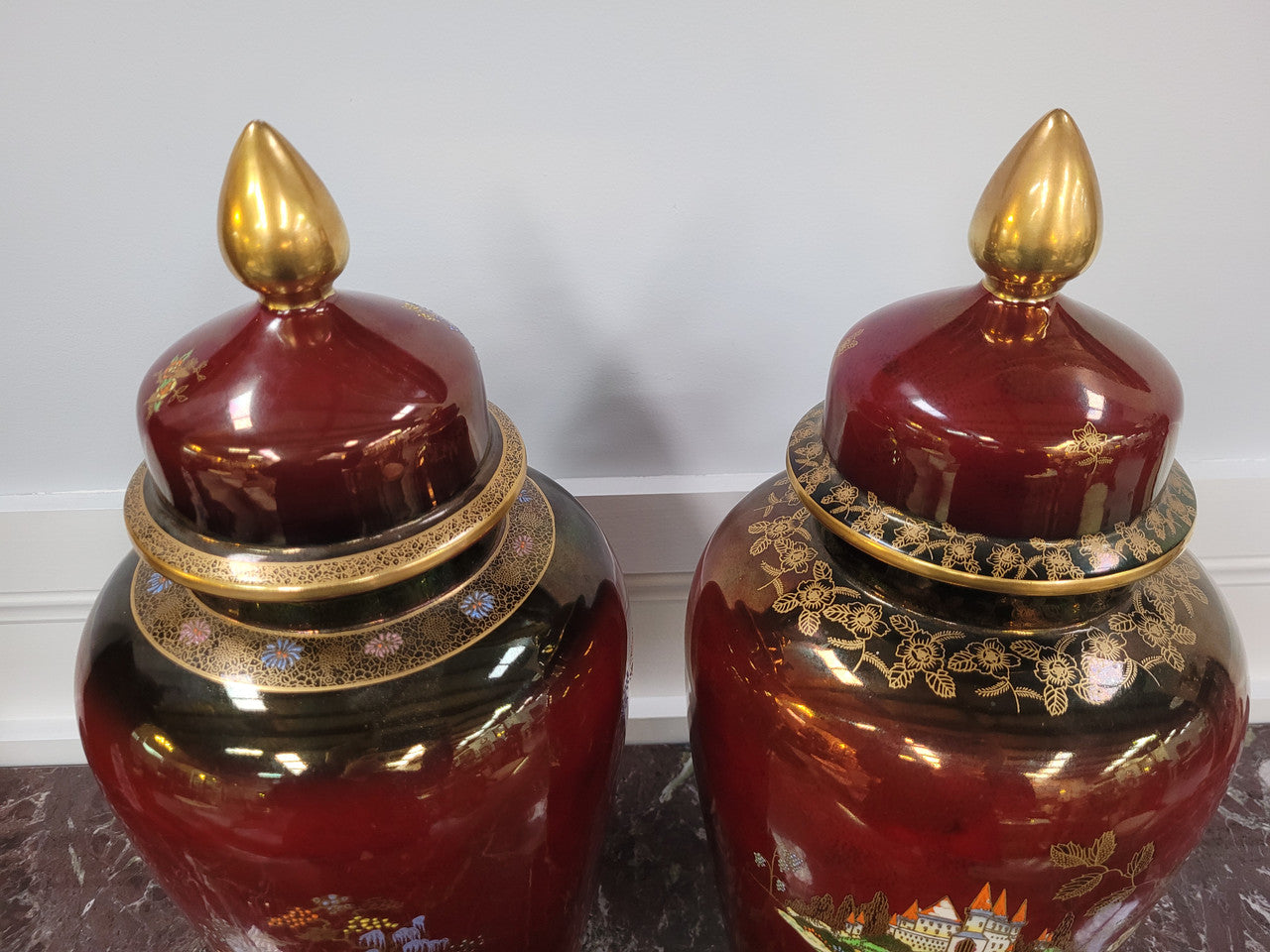 Matched Pair of Very Large Crown Devon Hand Painted Ruby Lustre Vases | Antique & Vintage | Moonee Ponds Antiques | Australia Wide Delivery