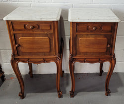 Pair of French Walnut White Marble Top Bedside Cabinets | Antique & Vintage | Moonee Ponds Antiques | Australia Wide Delivery