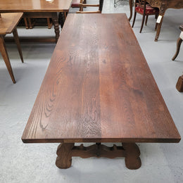 Spanish style French Oak farmhouse table with ironwork underneath. It is in good original detailed condition and has been sourced from France.