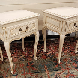 Pair French Vintage Louis XV style soft Ivory single drawer bedside tables. They have been sourced from France and are in good original condition.
